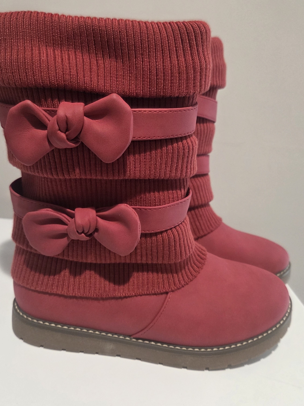 Dream Pairs Womens Red Bow Sweater Boots Size 6 - 10.25" Mid Calf Winter